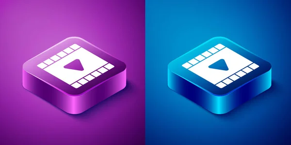 Isometric Play icône vidéo isolée sur fond bleu et violet. Bande de film avec panneau de jeu. Bouton carré. Illustration vectorielle — Image vectorielle