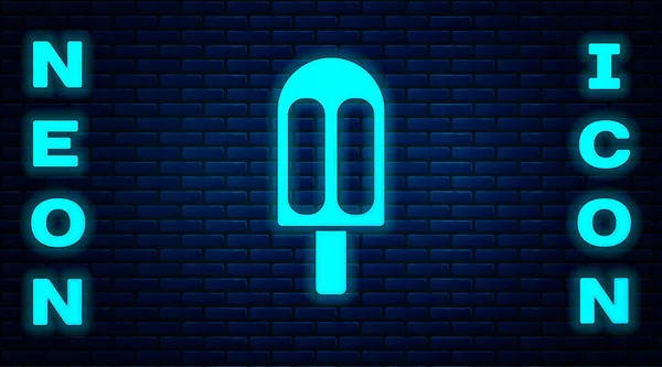 Leuchtende Neon-Eis-Ikone isoliert auf Backsteinwand Hintergrund. Süßes Symbol. Vektorillustration — Stockvektor