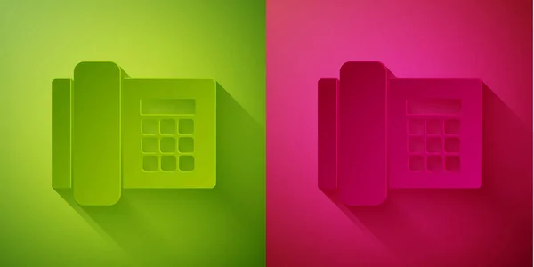 Paper cut Telephone icon isolated on green and pink background. Landline phone. Paper art style. Vector Illustration — Stock Vector