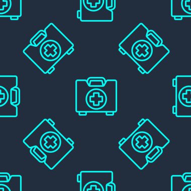 Yeşil çizgi ilk yardım seti simgesi mavi arkaplandaki kusursuz deseni izole etti. Haçlı sağlık kutusu. Acil durumlar için tıbbi ekipman. Sağlık sigortası konsepti. Vektör İllüstrasyonu.