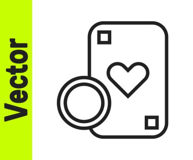 Siyah çizgi kumarhane çipi ve beyaz arka planda izole edilmiş iskambil simgesi. Kumarhane pokeri. Vektör İllüstrasyonu.