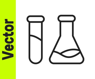 Siyah çizgi test tüpü ve matarası. Beyaz arka planda izole edilmiş kimyasal laboratuvar ikonu. Laboratuvar cam levhası. Vektör İllüstrasyonu.