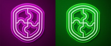 Parlayan neon çizgi simgesi mor ve yeşil arkaplanda izole edildi. Gardiyan. Güvenlik, güvenlik, koruma, gizlilik kavramı. Vektör İllüstrasyonu.