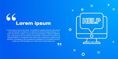 Beyaz çizgi bilgisayar monitörü ve yardım simgesi mavi arkaplanda izole edildi. Ayarlama, servis, ayar, bakım, onarım, onarım. Vektör İllüstrasyonu.