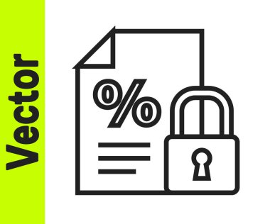 Siyah çizgi finans belgesi ve kilit simgesi beyaz arkaplanda izole edildi. Fatura ya da fatura konsepti için kağıt banka belgesi. Vektör İllüstrasyonu.