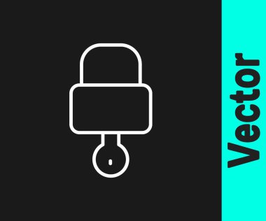 Siyah arkaplanda beyaz çizgi kilidi ve anahtar simgesi izole edildi. Asma kilit işareti. Güvenlik, güvenlik, koruma, gizlilik kavramı. Vektör İllüstrasyonu.