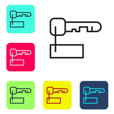 Siyah çizgi İşaretli anahtar simgesi beyaz arkaplanda izole edildi. Renkli kare düğmelerle simgeleri ayarla. Vektör İllüstrasyonu.