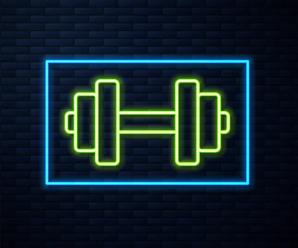 レンガの壁の背景に隔離されたネオンラインダンベルアイコンを光る 筋肉のリフティングアイコン フィットネスバー スポーツ用品 運動のバンベル ベクターイラスト — ストックベクタ