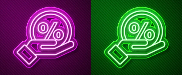 Žhnoucí Neonový Řádek Ikona Procenta Slev Izolovaná Fialovém Zeleném Pozadí — Stockový vektor