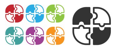 Siyah yapboz simgesi beyaz arkaplanda izole edildi. İş, pazarlama, finans, şablon, düzen, bilgi grafikleri, internet konsepti. Simgeleri renklendirin. Vektör.