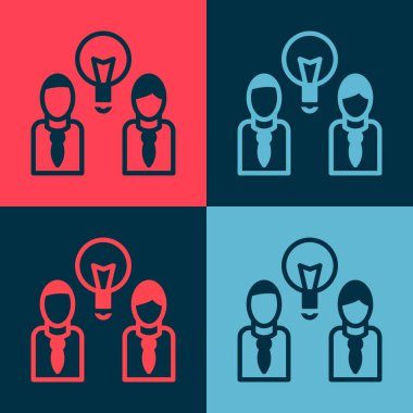 Ampul ikonuna sahip pop sanatları insanları renk arkaplanında izole edilmiş. Fikir kavramı. Vektör.