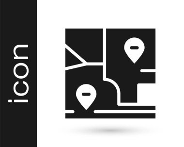 Beyaz arkaplanda konum belirleyici simgesi olan siyah katlı harita. Vektör.