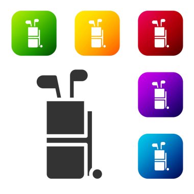 Siyah golf çantası, beyaz arka planda izole edilmiş sopa simgesi. Renkli kare düğmelerle simgeleri ayarla. Vektör.