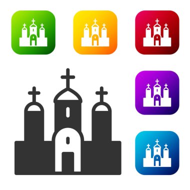 Siyah Kilise binası ikonu beyaz arka planda izole edilmiş. Hıristiyan Kilisesi. Kilisenin dini. Renkli kare düğmelerle simgeleri ayarla. Vektör.