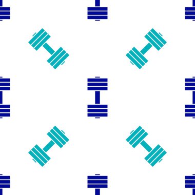 Mavi Dumbbell simgesi beyaz arkaplanda izole edilmiş kusursuz desen. Kas kaldırma ikonu, fitness halteri, spor aletleri, egzersiz yaban domuzu. Vektör.
