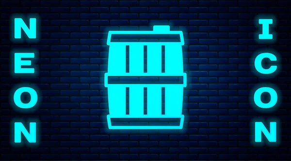 Glowing Neon Wooden Barrel Icon Isolated Brick Wall Background Alcohol — Stock Vector