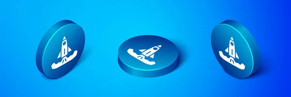 Icono Isométrico Rocket Aislado Sobre Fondo Azul Botón Círculo Azul — Vector de stock