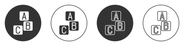 白い背景に黒のAbcブロックアイコンが隔離されています 文字A Cのアルファベットの立方体 丸ボタン ベクトル — ストックベクタ