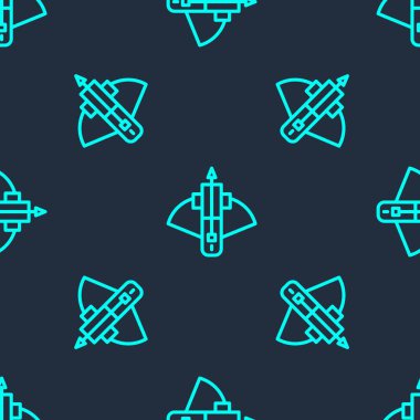 Yeşil çizgi savaş tatar yayı ve ok ikonu mavi arka planda izole edilmiş pürüzsüz desen. Vektör.