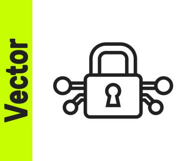 Siyah çizgi siber güvenlik simgesi beyaz arka planda izole edildi. Dijital devre kartında kapalı asma kilit. Güvenlik kavramı. Dijital veri koruması. Vektör.