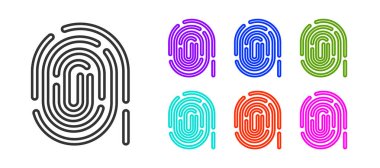 Beyaz arkaplanda siyah çizgi parmak izi simgesi izole edildi. Kimlik uygulaması simgesi. Kimlik işareti. Kimliğe dokun. Simgeleri renklendirin. Vektör.