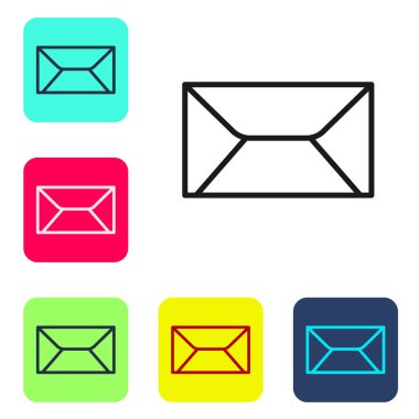 Siyah çizgi Zarf simgesi beyaz arkaplanda izole edildi. E- posta mektup sembolü. Renkli kare düğmelerle simgeleri ayarla. Vektör.