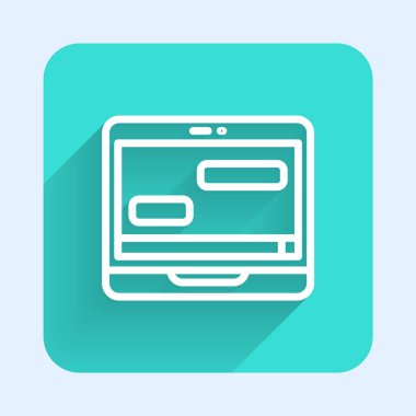 Dizüstü bilgisayardaki yeni sohbet mesajları bildirimi uzun gölgeli izole edildi. Smartphone sohbet mesajları konuşma baloncukları. Yeşil kare düğmesi. Vektör.