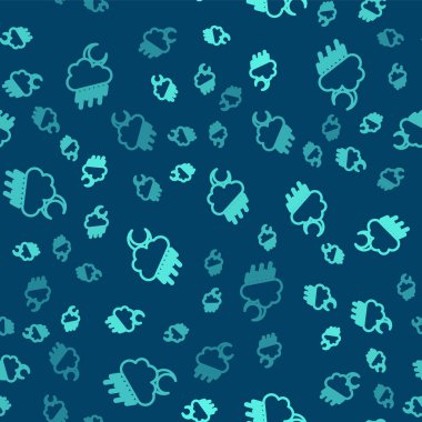 Yağmur ve ay ikonlu yeşil çizgi bulutu mavi arka planda izole edilmiş pürüzsüz desen. Yağmur damlaları ile yağmur bulutu yağışı. Vektör.