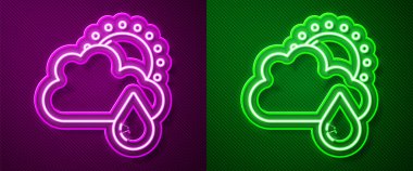 Pembe ve yeşil arka planda izole edilmiş yağmur ve güneş ikonu ile parlayan neon hattı. Yağmur damlaları ile yağmur bulutu yağışı. Vektör.