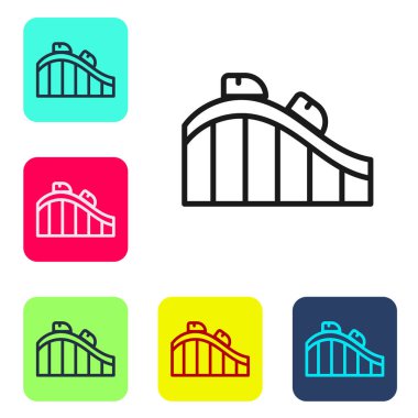 Beyaz arka planda siyah çizgi roller coaster ikonu izole edildi. Eğlence parkı. Çocuklar için eğlence parkı, eğlence parkı. Renkli kare düğmelerle simgeleri ayarla. Vektör.