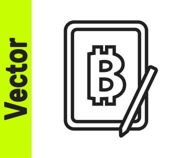 Beyaz arka planda izole edilmiş grafik tablet simgesinden siyah çizgi madencilik bitcoin. Kripto para birimi madenciliği, engelleme zinciri teknoloji servisi. Vektör.