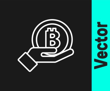 Beyaz çizgili El, Bitcoin simgesini siyah arka planda tutuyor. Engelleme teknolojisi, dijital para piyasası, şifreli para cüzdanı. Vektör.