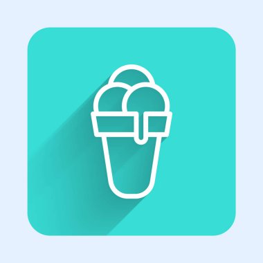 Krep külahında beyaz çizgi dondurma uzun gölgeli izole edilmiş. Güzel sembol. Yeşil kare düğmesi. Vektör.