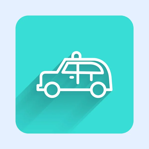 Biała Linia Taxi Samochód Ikona Izolowana Długim Cieniem Zielony Kwadrat — Wektor stockowy