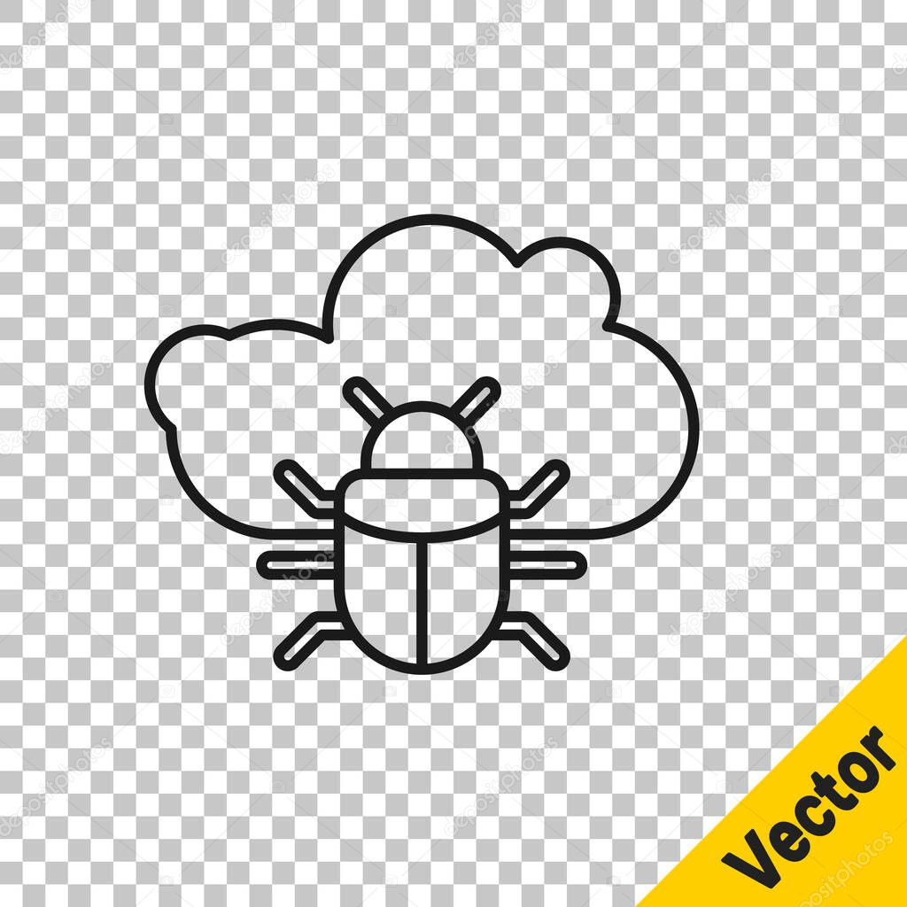 Black line System bug on a cloud icon isolated on transparent background. Cloud computing design concept. Digital network connection.  Vector.