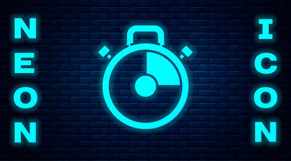 Glowing Neon Stopwatch Icon Isolated Brick Wall Background Time Timer — Stock Vector