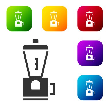 Siyah elektrikli kahve öğütücü ikonu beyaz arka planda izole edilmiş. Renkli kare düğmelerle simgeleri ayarla. Vektör İllüstrasyonu.