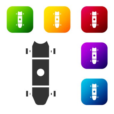 Siyah uzun tahta ya da kaykay kruvazörü ikonu beyaz arka planda izole edilmiş. Olağanüstü bir spor. Spor malzemeleri. Renkli kare düğmelerle simgeleri ayarla. Vektör İllüstrasyonu.