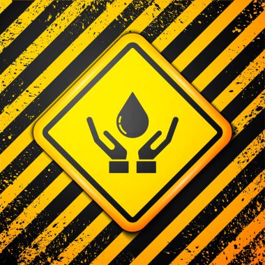 Sarı arka planda sabun ikonu olan siyah yıkama elleri. Virüs ve bakterileri önlemek için ellerini sabunla yıkıyorsun. Uyarı işareti. Vektör İllüstrasyonu.