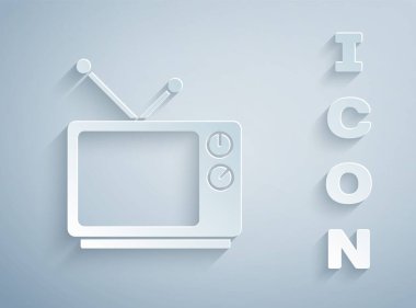 Kağıt kesiği Retro TV simgesi gri arkaplanda izole edildi. Televizyon tabelası. Kağıt sanatı tarzı. Vektör İllüstrasyonu.