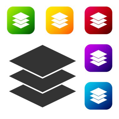 Siyah katmanlar beyaz arka planda izole edilmiş tekstil ikonu. Kumaş özellikleri. Renkli kare düğmelerle simgeleri ayarla. Vektör İllüstrasyonu.