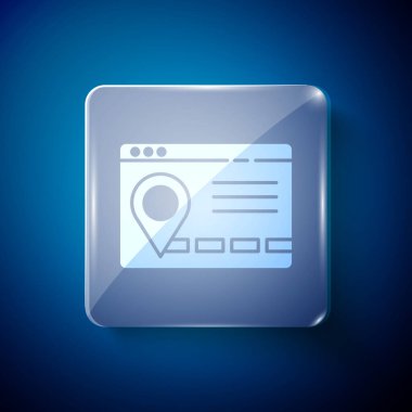Şehir haritası yön bulma simgesinin beyaz bilgileri mavi arkaplanda izole edildi. Mobil Uygulama Arayüzü tasarımı. Coğrafi konsept. Kare cam paneller. Vektör İllüstrasyonu.