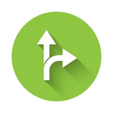 Beyaz Yol trafik tabelası. İşaret direği simgesi uzun gölgeyle izole edildi. İşaretçi sembolü. İzole sokak bilgi levhası. Yön tabelası. Yeşil daire düğmesi. Vektör İllüstrasyonu.