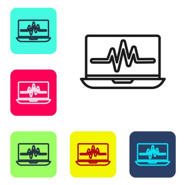 Beyaz zemin üzerinde kardiyogram simgesi olan siyah çizgi dizüstü bilgisayar. Simge denetleniyor. Kalp atışı elle çizilmiş EKG monitörü. Renkli kare düğmelerle simgeleri ayarla. Vektör İllüstrasyonu.