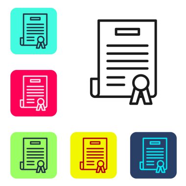 Beyaz arka planda siyah çizgi bağımsızlık ikonu izole edildi. Renkli kare düğmelerle simgeleri ayarla. Vektör İllüstrasyonu.