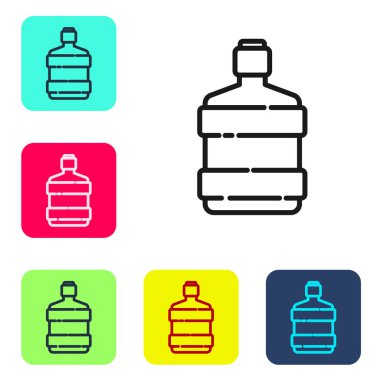 Siyah çizgi. Beyaz arka planda temiz su ikonu olan büyük şişe. Soğutucu için plastik kap. Renkli kare düğmelerle simgeleri ayarla. Vektör İllüstrasyonu.