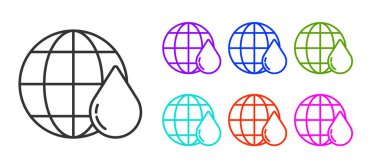 Su damlası ikonundaki kara çizgi Dünya gezegeni beyaz arka planda izole edildi. Dünya küresi. Su tasarrufu ve dünya çevre koruma. Simgeleri renklendirin. Vektör İllüstrasyonu.