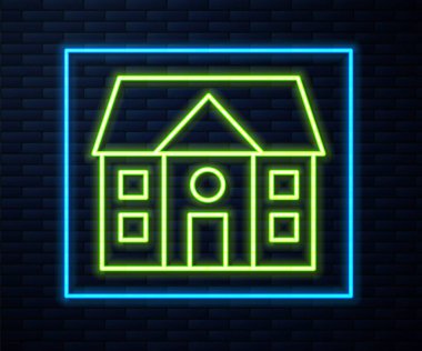 Işıldayan neon çizgili ev simgesi tuğla duvar arkasında izole edildi. Ev sembolü. Vektör İllüstrasyonu.