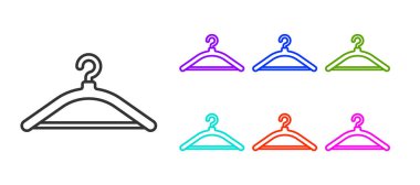 Siyah çizgi elbise askısı ikonu beyaz arka planda izole edildi. Vestiyer ikonu. Kıyafet servis sembolü. Çamaşır askı tabelası. Simgeleri renklendirin. Vektör İllüstrasyonu.