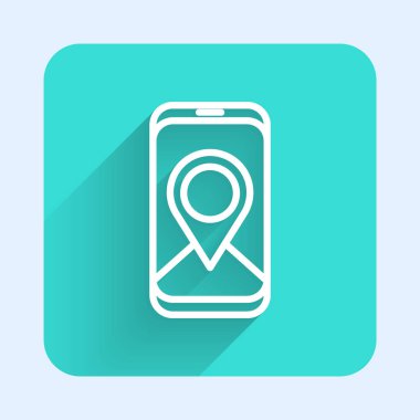 Şehir haritası yön bulma simgesinin uzun gölgesi ile izole edilmiş beyaz çizgi bilgileri. Mobil Uygulama Arayüzü tasarımı. Coğrafi konsept. Yeşil kare düğmesi. Vektör İllüstrasyonu.